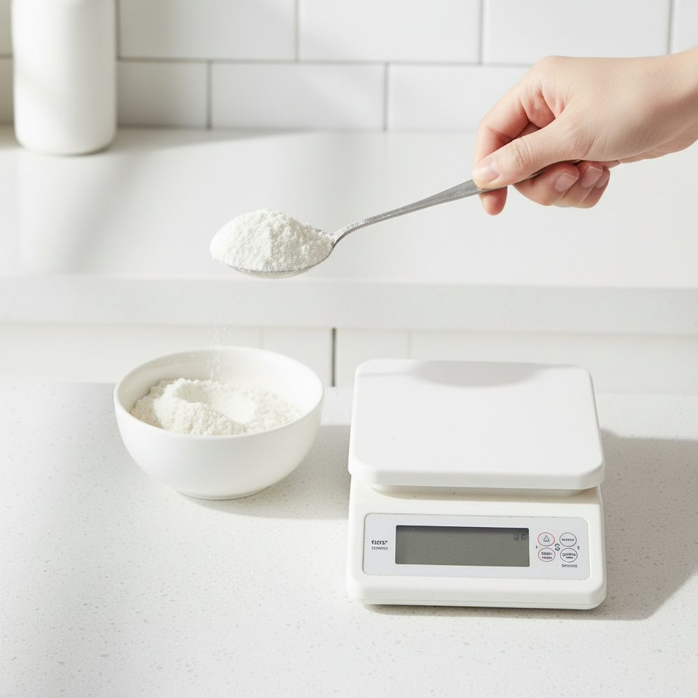 Before — regular spoon and bulky scale