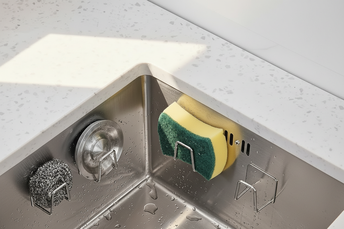 Sponge holder in stainless steel sink lifestyle shot